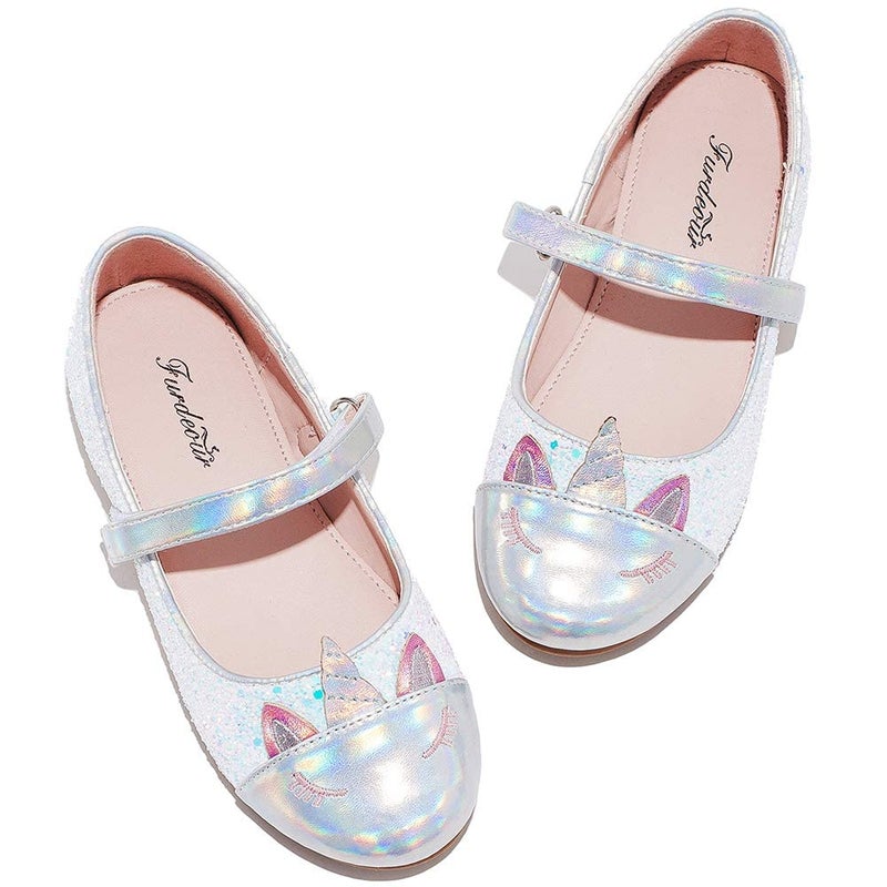 Furdeour Little Girls Flats Shoes Dress Up Unicorn Birthday Party Size 12 White Princess Wedding Party(2502White 12) - Image 1